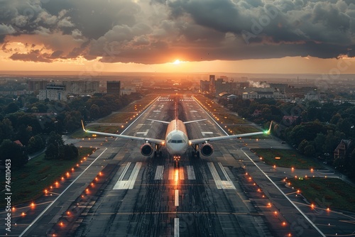 Captivating image of a commercial aircraft on a runway during a dramatic sunset symbolizing travel and exploration photo