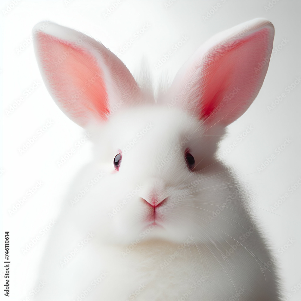 Close up Portrait of an Adorable Little Cute Timid Baby Fluffy White Dwarf Purebred Albino Spring Easter Bunny Rabbit Pet, Pink Ears Nose & Black Eyes Looking Directly at Camera on White Background