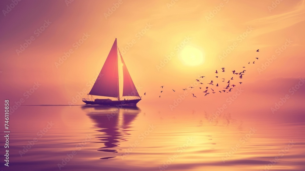 a sailboat floating on a body of water with a flock of birds flying in the sky over the water.