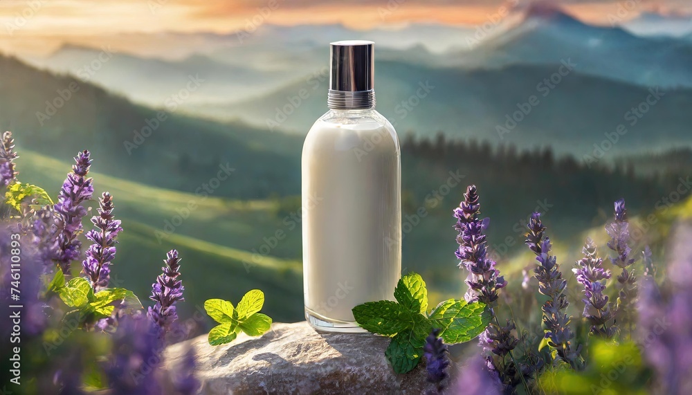 Lavender Lotion bottle - blank bottle with natural ingredients for product mockup template. Lotion shampoo conditioner soap - obrazy, fototapety, plakaty 