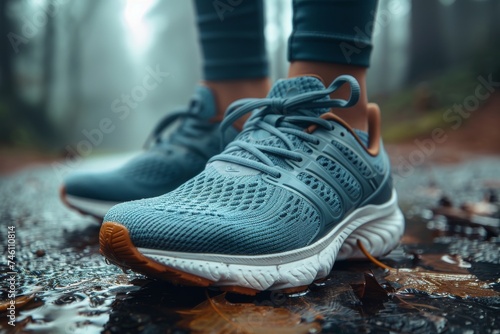 Close-up of a pair of blue trail running shoes on a runner in a misty forest, emphasizing wet ground and sporty lifestyle