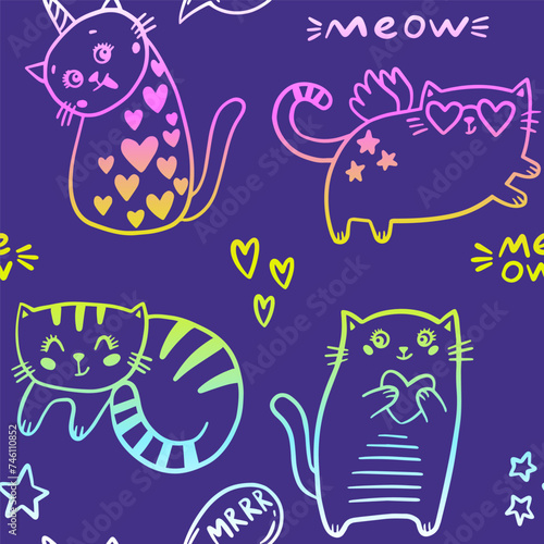 Seamless pattern with silhouette cats and hearts. Cute texture background. Funny Wallpaper for girls. Fashion style
