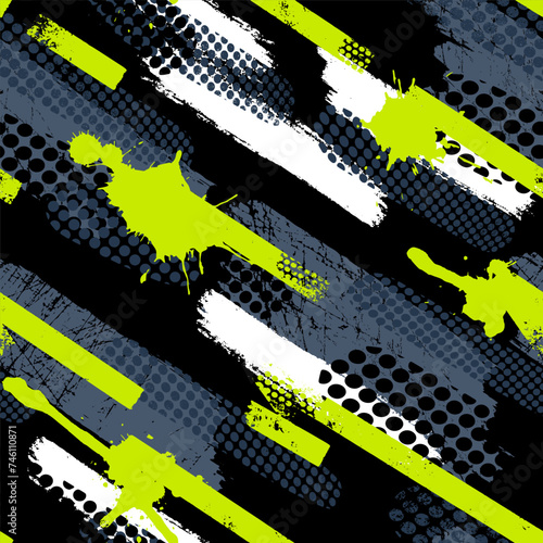 Abstract seamless grunge pattern for boy. Urban style modern background with lines, spray elements, triangle. Extreme modern creative wallpaper for guys.