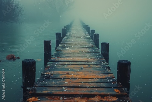 An atmospheric scene of an old wooden jetty extending into calm waters enveloped by dense fog and strewn with fallen leaves