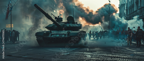 Tank advances through smoke on city street, tension and unrest palpable.