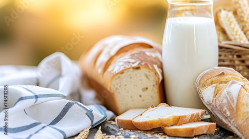 a loaf of bread, a glass of milk, and a loaf of bread on a table with a cloth.