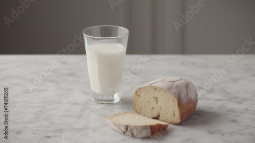 a loaf of bread and a glass of milk sit on a marble countertop next to a glass of milk. photo