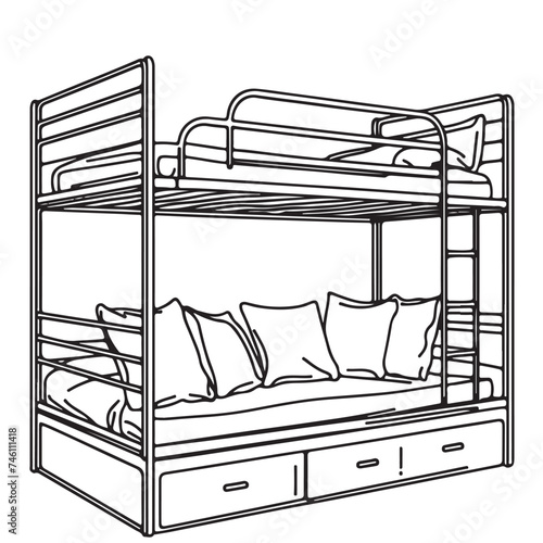 Children room graphic black white interior sketch illustration vector. Bunk bed