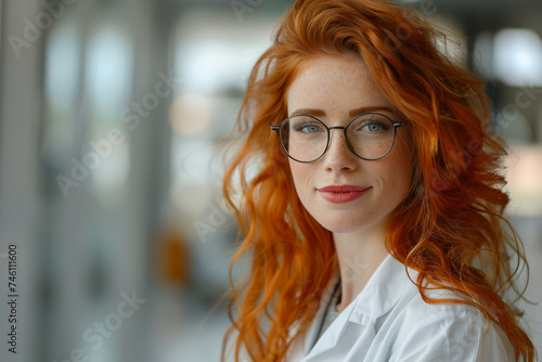 Banner portrait of a beautiful red-haired woman doctor in glasses on the background of a blurred office. Day of health, medicine, treatment