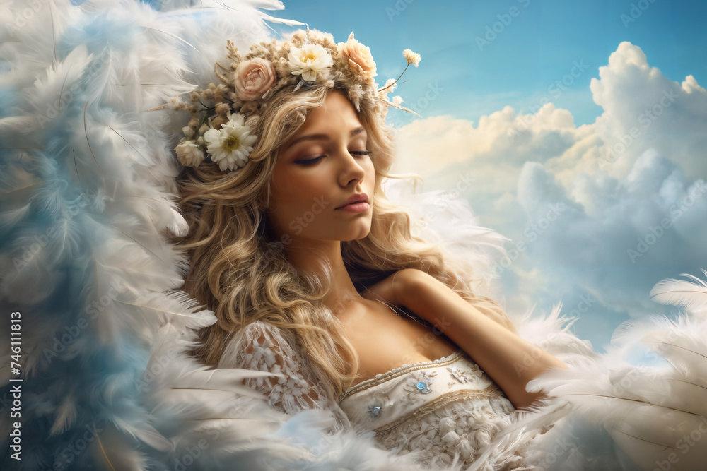 Naklejka premium Dreamlike Beauty with Soft Feathers. Generative AI