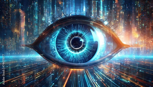 Human eye made of blue digital data, virtual reality, eye tracking, 
