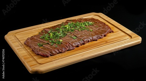 a wooden cutting board topped with a piece of meat covered in green onions and green onions on top of it.