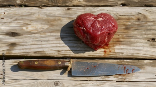 a heart shaped piece of meat sitting on top of a wooden table next to a knife and a knife blade. photo