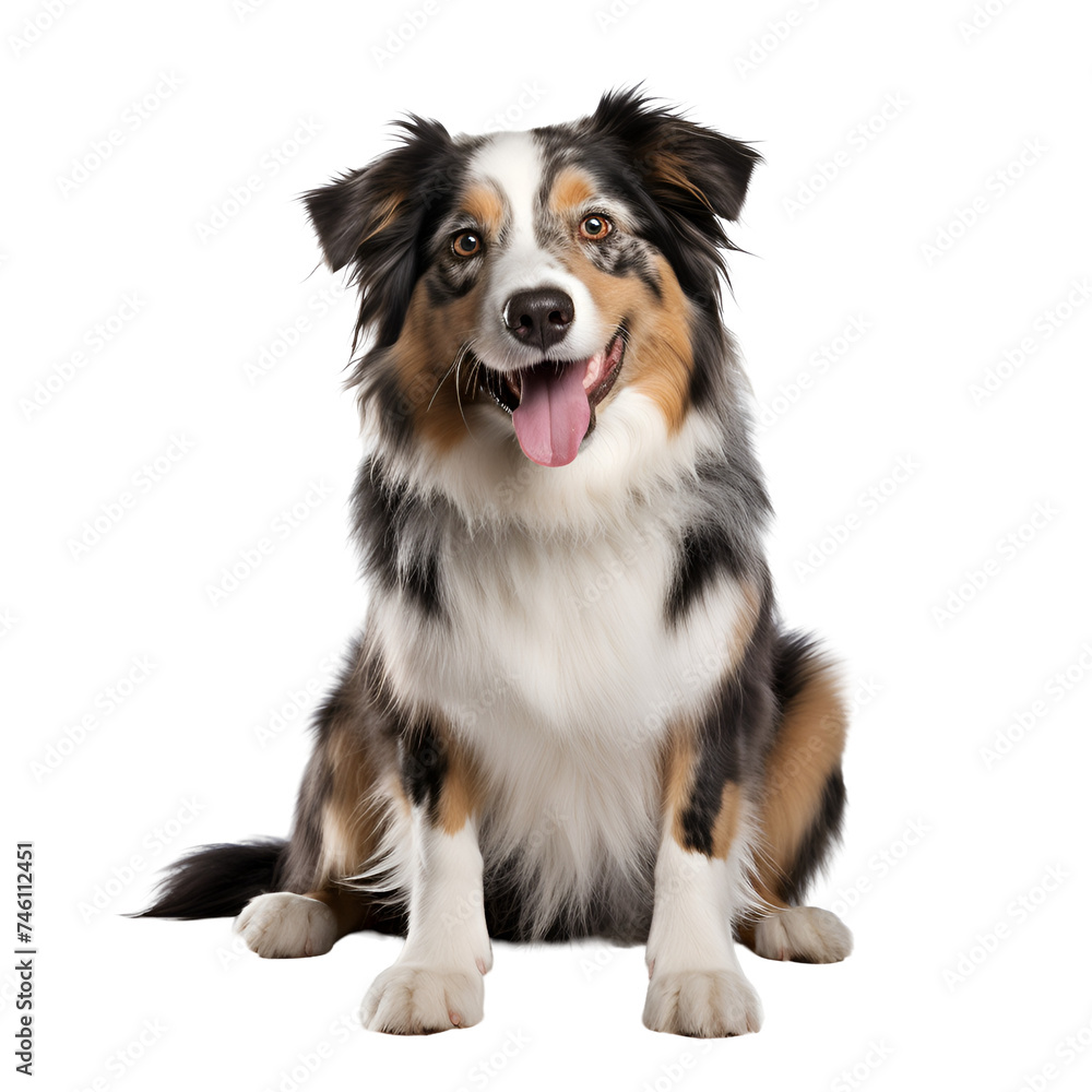 Happy and Cute Portrait of a Sitting Australian Shepherd Dog, Isolated on Transparent Background, PNG