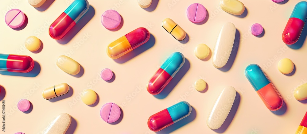 A multitude of vibrant pills and capsules are scattered across a white surface, showcasing a variety of colors and sizes. The pills represent the idea of supplemental nutrition and medication. A multitude of vibrant pills and capsules are scattered across a white surface, showcasing a variety of colors and sizes. The pills represent the idea of supplemental nutrition and medication.