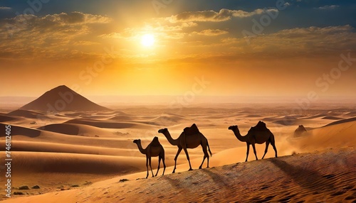Silhouettes of camels walking through sand dunes in the desert during sunset with an orange and yellow sky