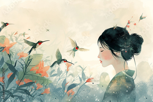 watercolor painting of asian girl with fluttering hummingbirds, copy space, green color