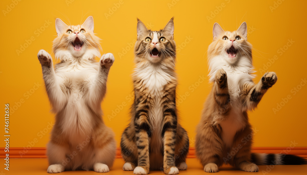 cats of different breeds sit next to each other and look at the camera against the background of an wall. cats of different breeds sit next to each other and look at the camera against the background of an wall.