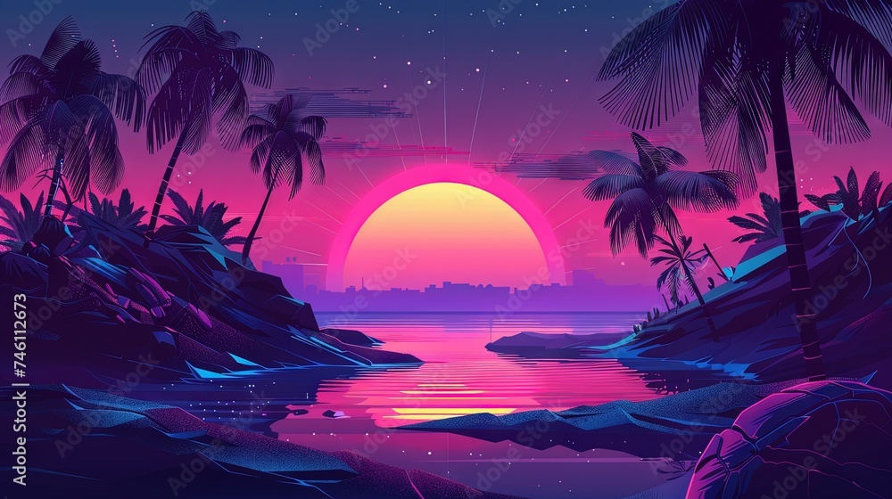 Retro vaporwave/synthwave tropical landscape in shades of pink and blue