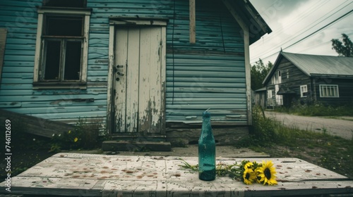 a wooden table with a bottle and sunflowers on it in front of a run down blue wooden house. photo