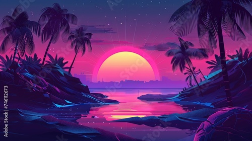 Retro vaporwave/synthwave tropical landscape in shades of pink and blue © Brian