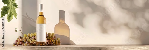 Blank bottle of wine with grapes and copy space for product mockup
