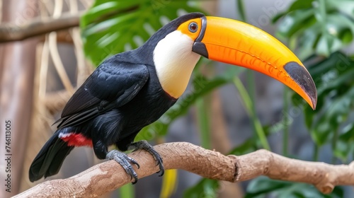 a toucan sitting on a tree branch with a large orange and black toucan in the background. photo