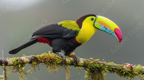 a colorful toucan perched on a tree branch with moss growing on it's sides and a rain shower in the background.