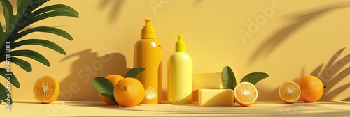 Fresh citrus. Blank bottles and bar soap with natural ingredients for bathroom product mockup.