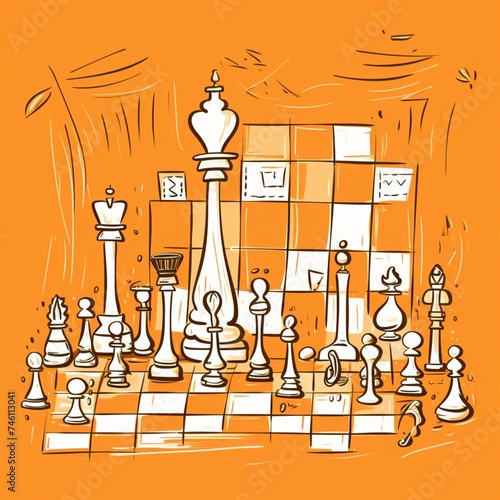 Draw with chess game element orange background image Ai generated art