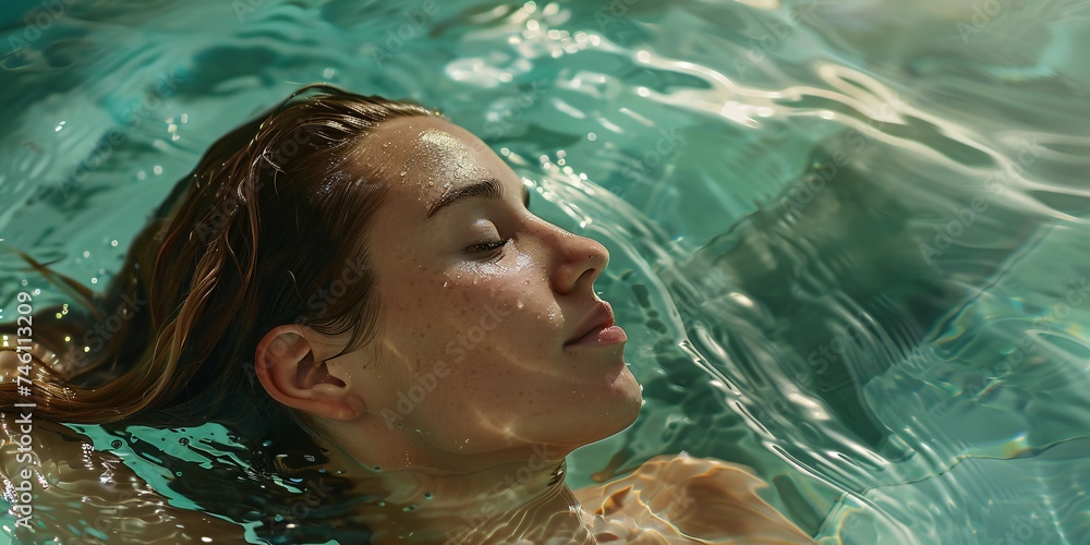a woman is swimming in a pool with her eyes closed