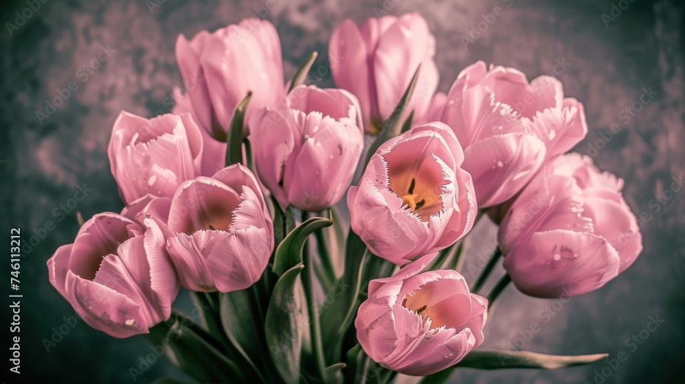 a vase filled with pink tulips sitting on top of a wooden table next to a gray wall in a room. a vase filled with pink tulips sitting on top of a wooden table next to a gray wall in a room.