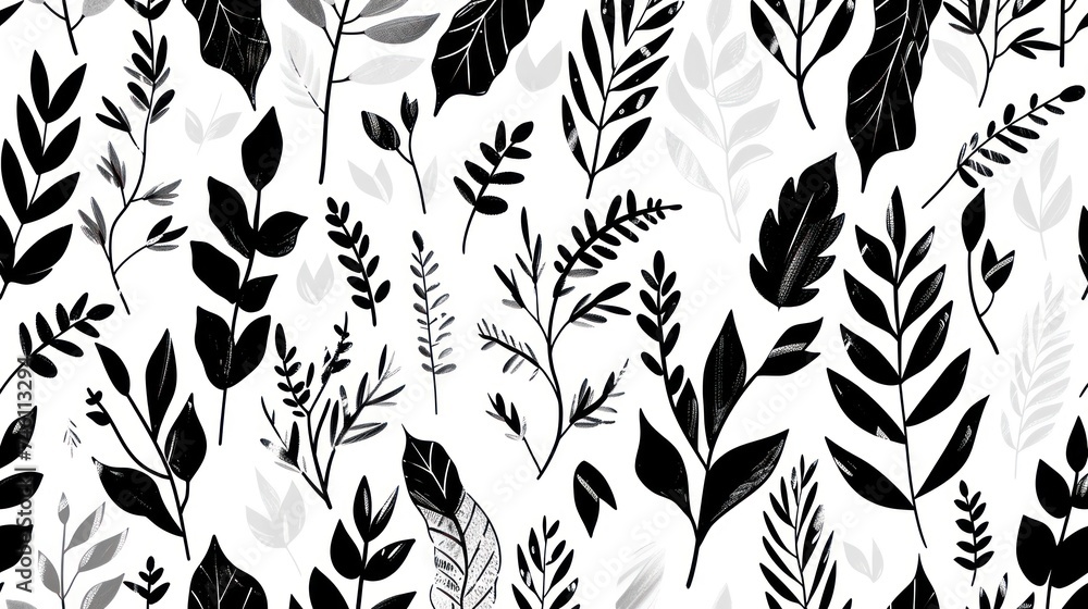 a pattern of black and white leaves and branches on a white background with a black and white pattern of leaves and branches on a white background. a pattern of black and white leaves and branches on a white background with a black and white pattern of leaves and branches on a white background.