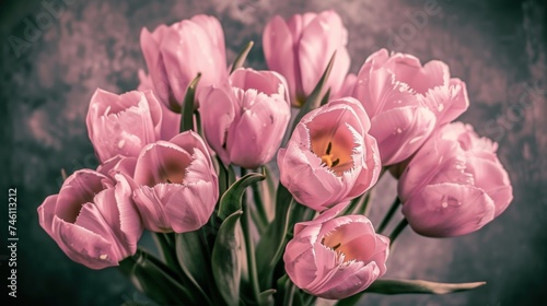 a vase filled with pink tulips sitting on top of a wooden table next to a gray wall in a room.