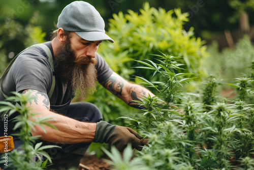 bearded man is planting hemp, marijuana plants in a field against a natural and agricultural background