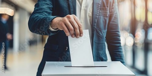 Man in jacket casting vote by dropping blank card into ballot box during the political election photo