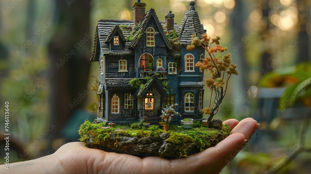 Hand holding a model home. Real estate and homeownership concept - obrazy, fototapety, plakaty 