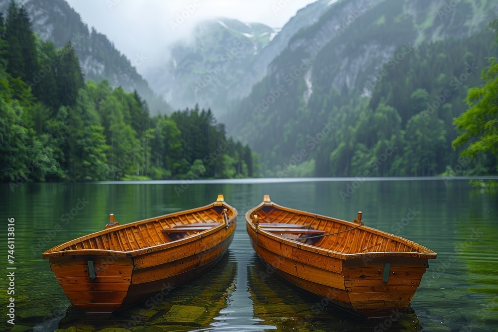 Two wooden rowboats float idly on a crystal-clear mountain lake, surrounded by lush greenery and a mystic foggy backdrop