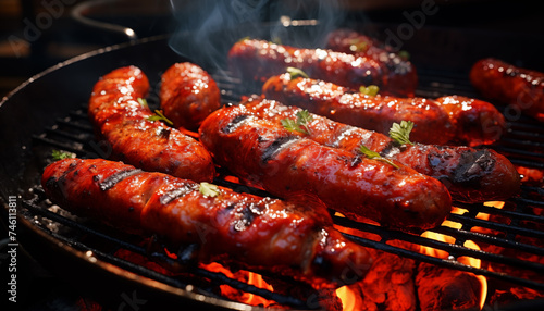 sausages are fried on a barbecue, top view. 