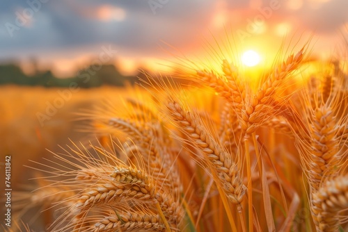 Close-up of ripe wheat ears with a warm golden hour light and the sun setting in a blurred background