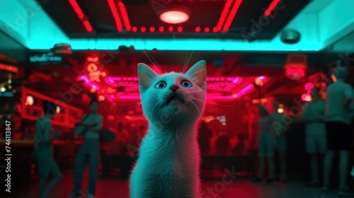 a white cat with blue eyes looking up at a group of people in a room with red and blue lights. photo
