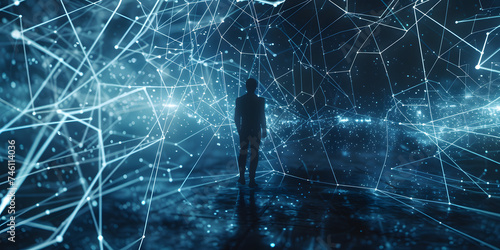 person in a network of lines standing in a nighty space, in the style of light-focused, futuristic landscapes photo