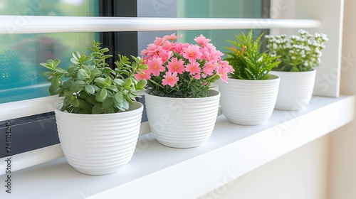 a row of potted plants sitting on top of a window sill in front of a window sill.