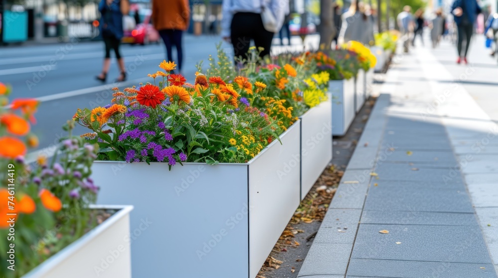 a group of people walking down a street next to a row of white planters with colorful flowers in them.