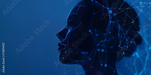 the profile of a human with digital dots behind her head, in the style of volumetric lighting, technocore, medical imaging film., indigo and blue, intel core photo