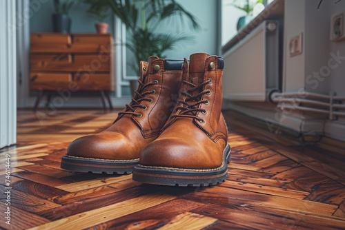 A pair of high-quality leather boots is presented on a wooden floor, showcasing craftsmanship and style photo