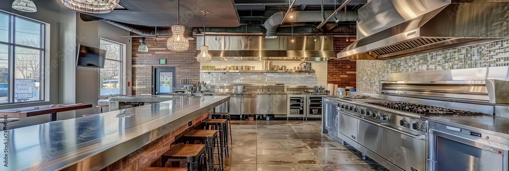 Commercial kitchen filled with stainless steel countertops and appliances Commercial kitchen filled with stainless steel countertops and appliances
