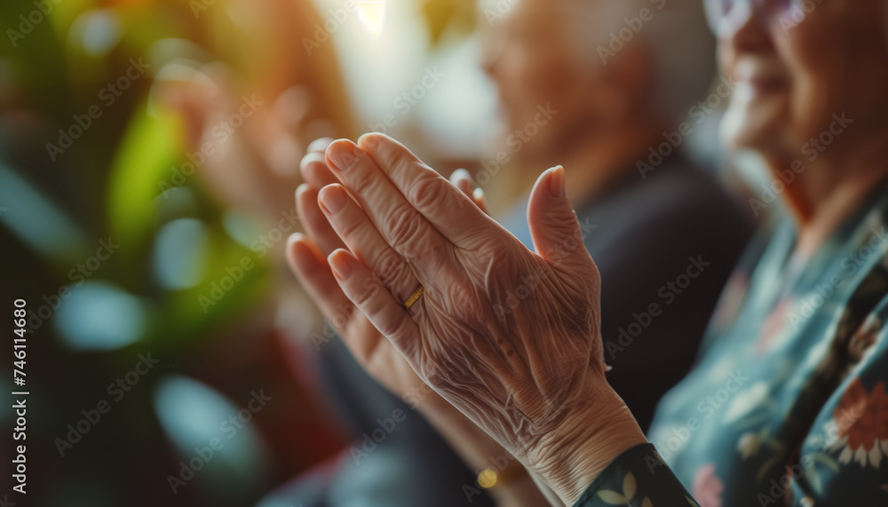 Group of elderly  people applauding, clapping at successful meeting or presentation, detail to hands only. Generative AI