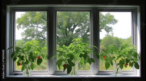 a couple of vases filled with plants sitting on top of a window sill in front of a tree.