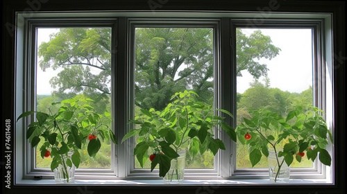 a couple of vases filled with plants sitting on top of a window sill in front of a tree. photo